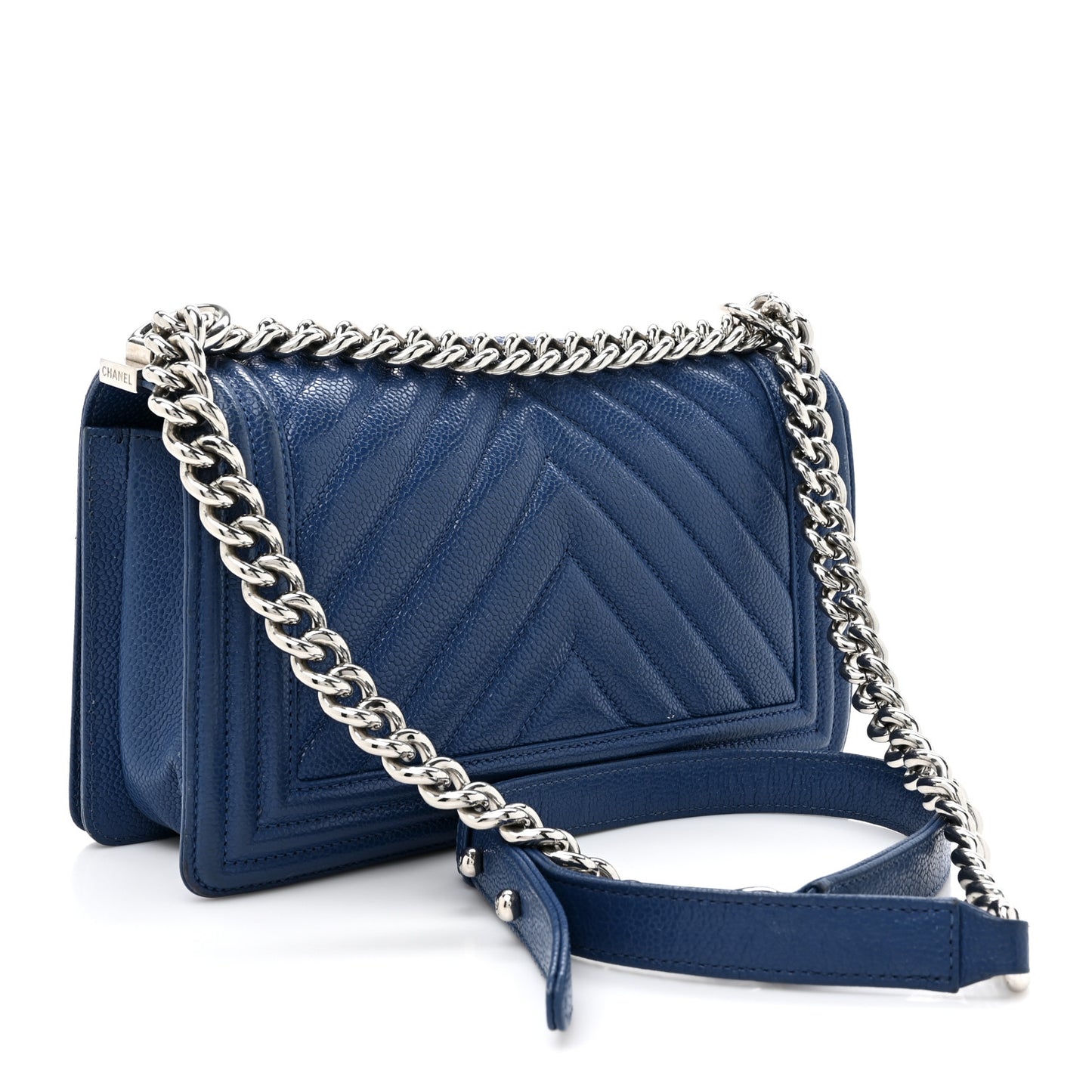 Caviar Chevron Quilted Medium Boy Flap Navy