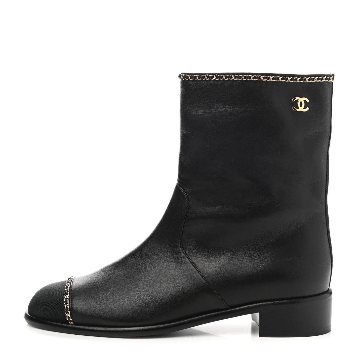 Lambskin Grosgrain Cap Toe Chain Short Boots 40.5 Black