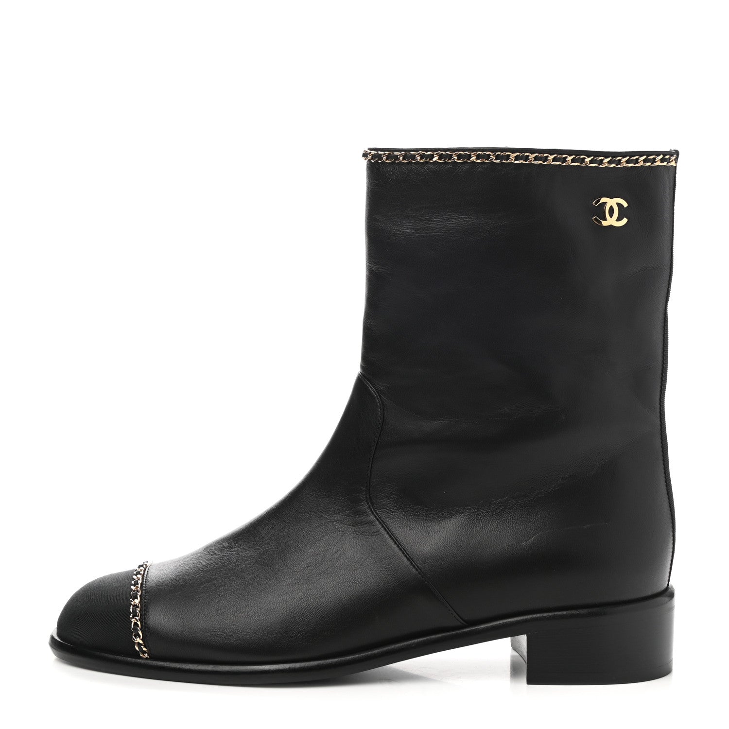 Chanel Lambskin Grosgrain Cap Toe Chain Short Boots 40.5 Black 1 of 8