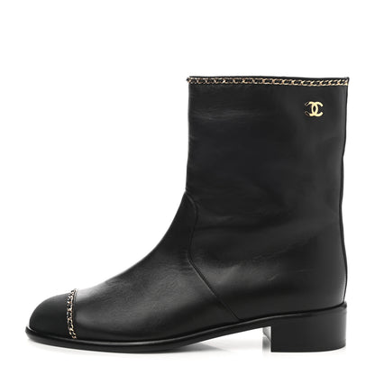 Chanel Lambskin Grosgrain Cap Toe Chain Short Boots 40.5 Black 1 of 8