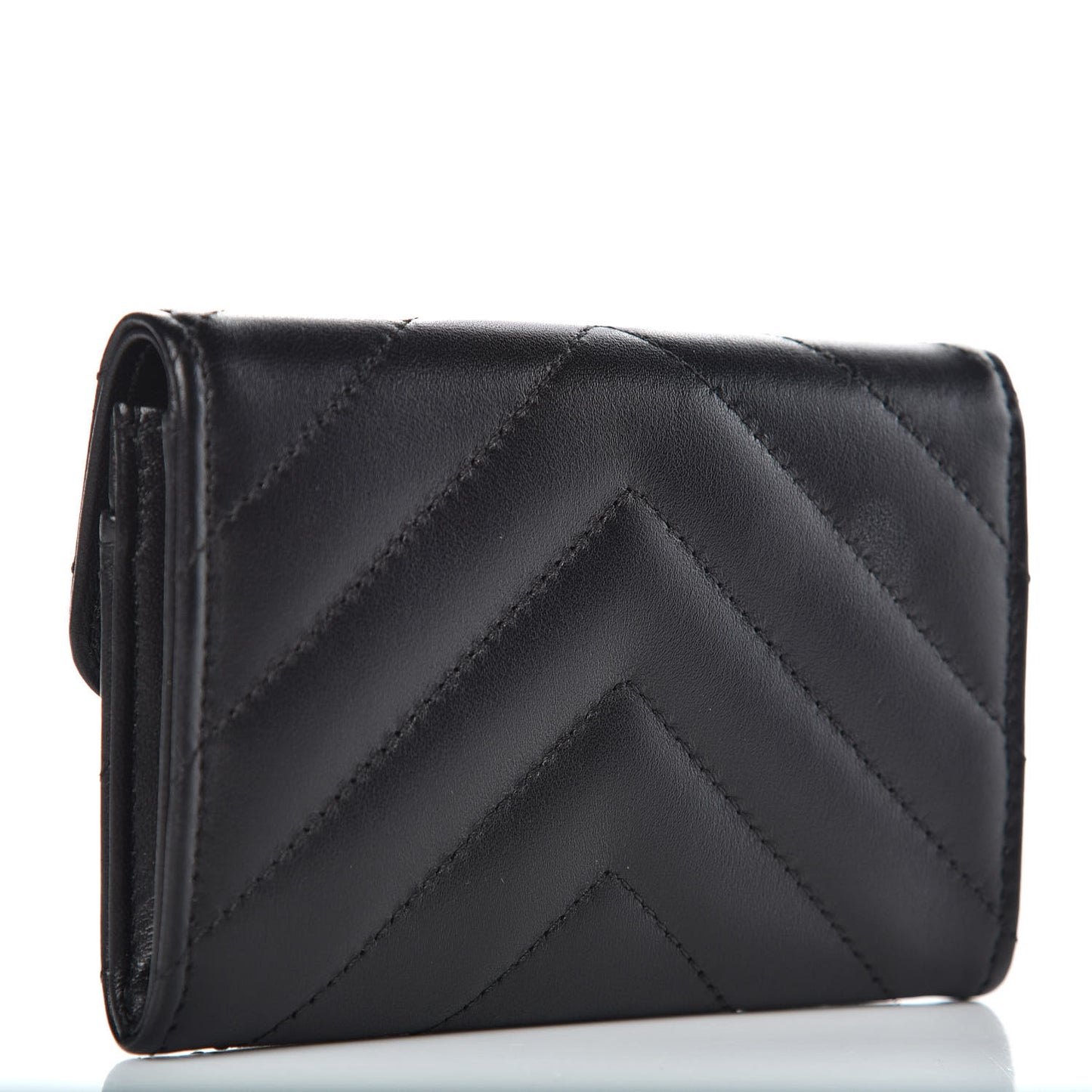 Lambskin Chevron Quilted Flap Card Holder Black