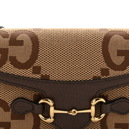 Gucci Monogram Jumbo GG Textured Dollar Calfskin Mini Horsebit 1955 Shoulder Bag Camel Ebony New Acero 8 of 13
