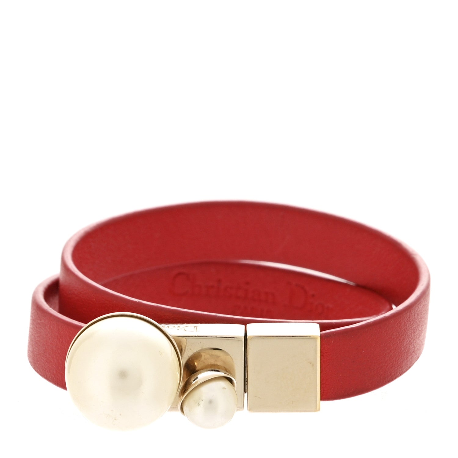 Christian Dior Calfskin Pearl Mise En Dior Tribales Double Wrap Bracelet S Red 1 of 4