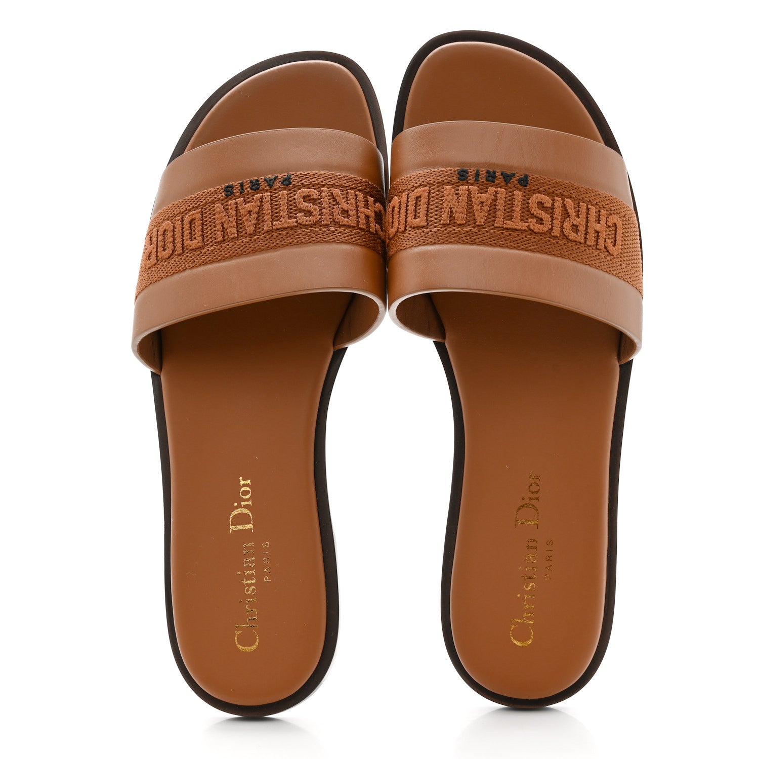 Christian Dior Calfskin Canvas Embroidered Dway Flat Slide Sandals 36 Camel 2 of 9