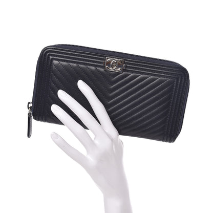 Chanel Lambskin Chevron Quilted Zip Around Boy Wallet Navy Blue 2 of 9