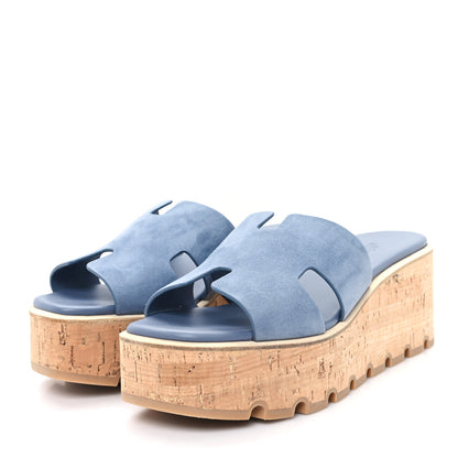 Hermes Suede Goatskin Cork Eze 30 Sandals  40 Bleu Grignon 4 of 10