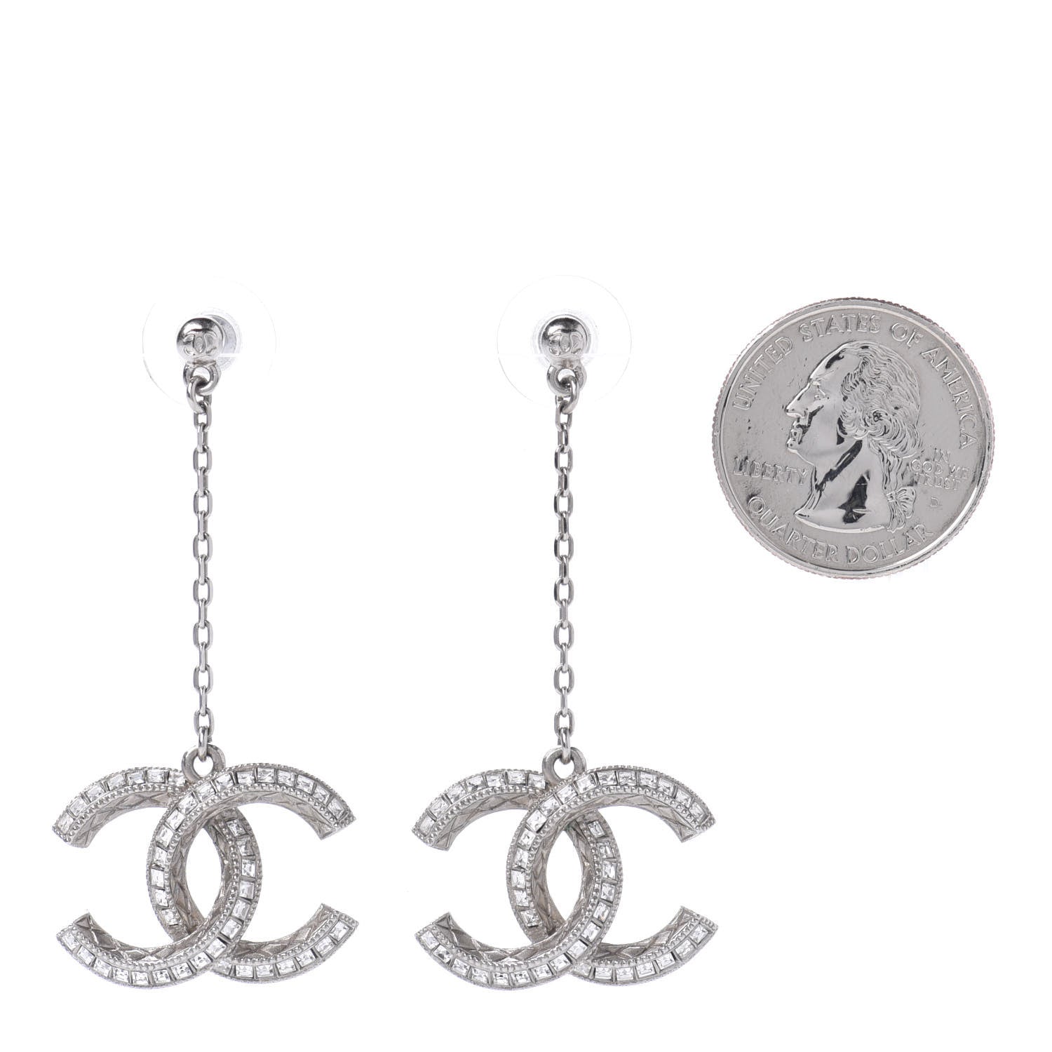 Chanel Baguette Crystal CC Drop Earrings Silver 2 of 5