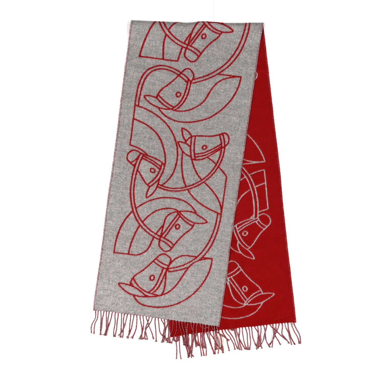 Cashmere Casaque Entrelacs Equestres Muffler Gris Clair Rouge Carmin