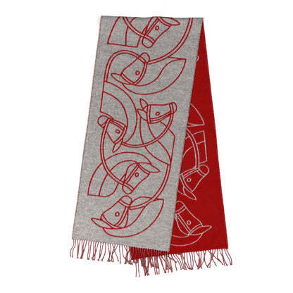Hermes Cashmere Casaque Entrelacs Equestres Muffler Gris Clair Rouge Carmin 2 of 3