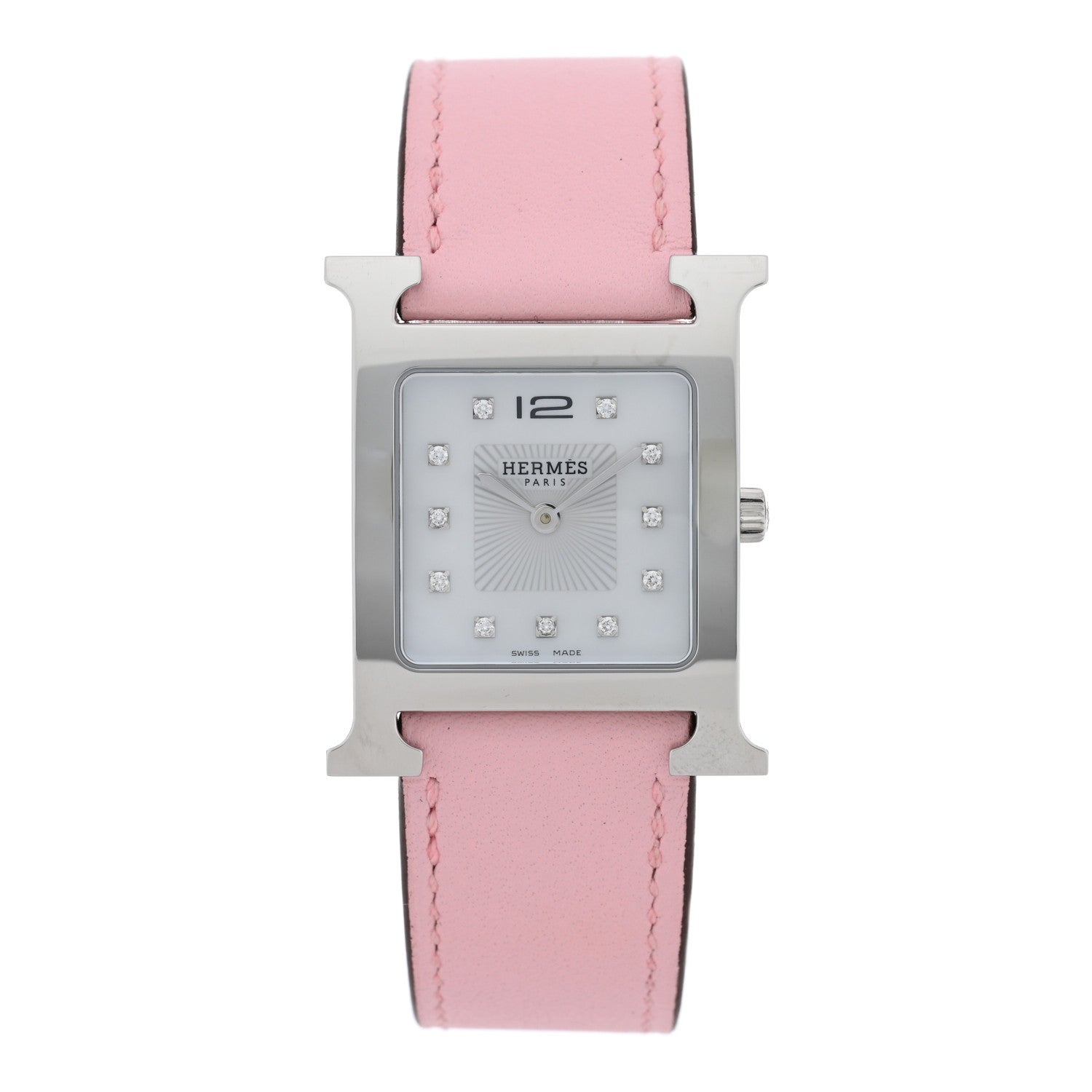 Hermes Stainless Steel Swift Diamond Mother of Pearl 26mm Heure H Hour Quartz Watch Rose Sakura 1 of 5