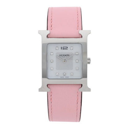 Hermes Stainless Steel Swift Diamond Mother of Pearl 26mm Heure H Hour Quartz Watch Rose Sakura 1 of 5