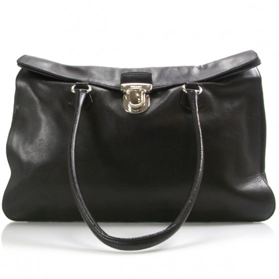 Prada Leather Easy Foldover Pushlock Work Bag Black 1 of 11