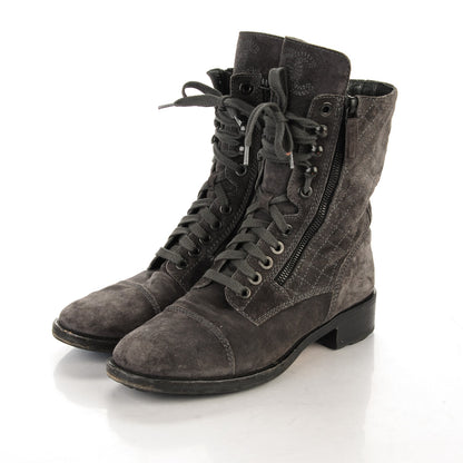 Chanel Suede Calfskin Quilted Combat Boots 39.5 Grey 3 of 7
