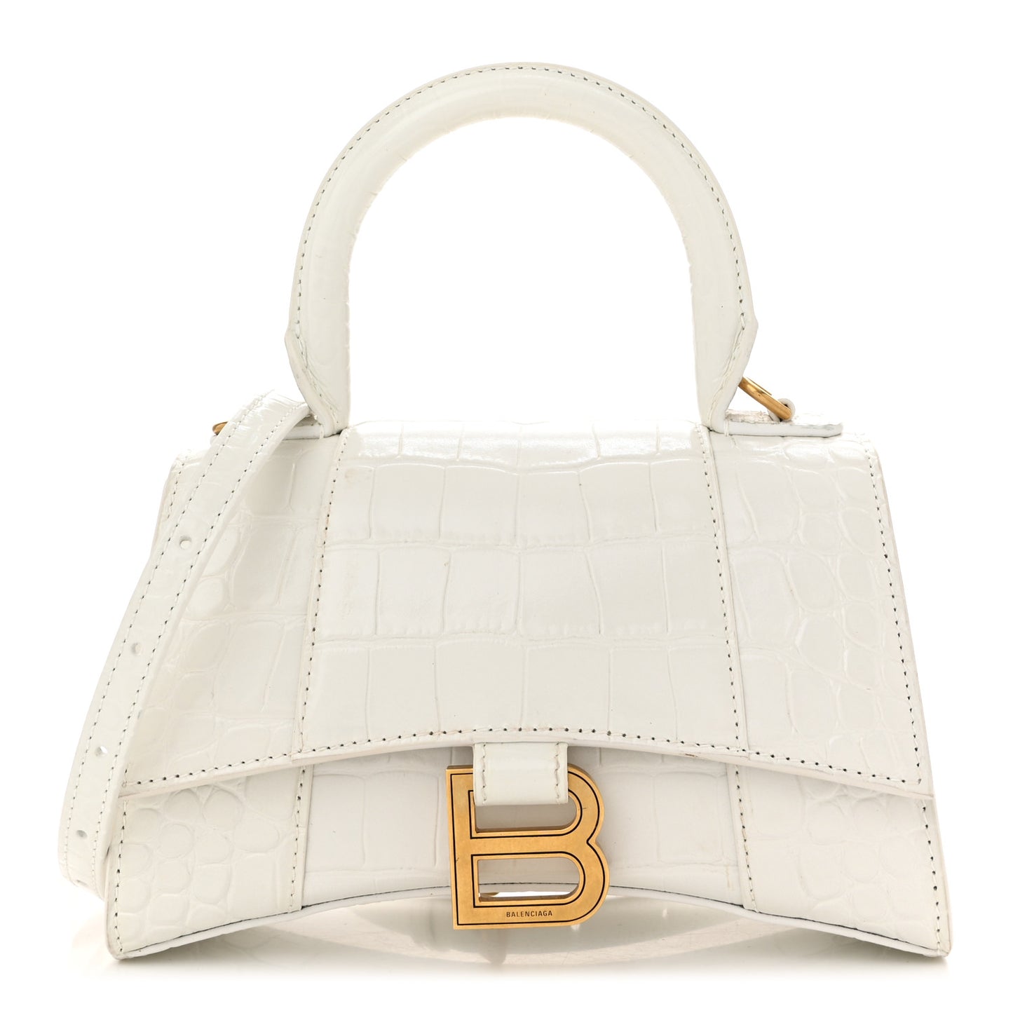 Shiny Calfskin Crocodile Embossed Hourglass Top Handle Bag XS White