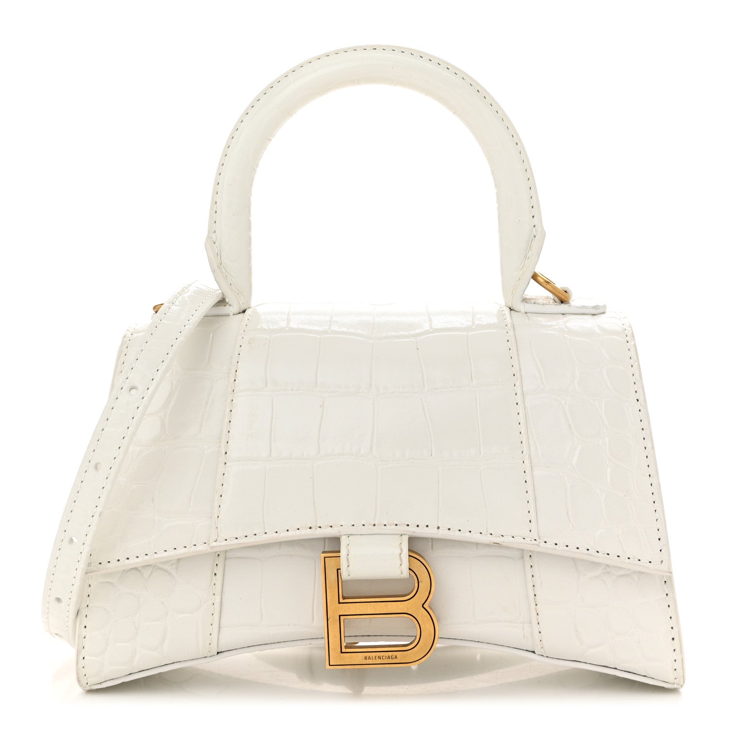 Balenciaga Shiny Calfskin Crocodile Embossed Hourglass Top Handle Bag XS White 1 of 11