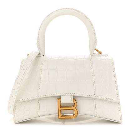 Balenciaga Shiny Calfskin Crocodile Embossed Hourglass Top Handle Bag XS White 1 of 11