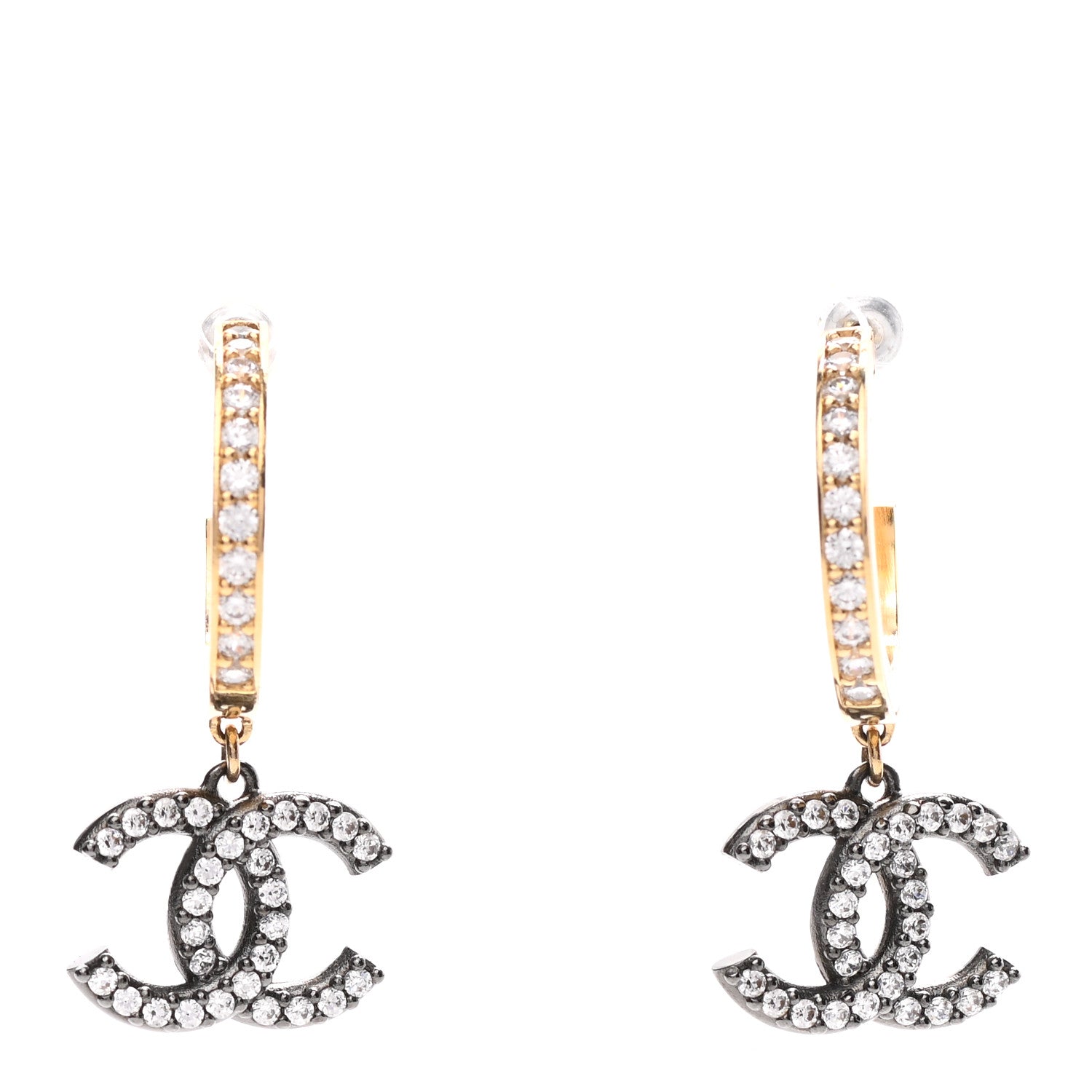 Chanel Crystal Lock Symbols CC Hoop Drop Earrings Gold Ruthenium 1 of 4