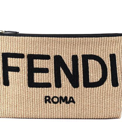 Fendi Straw Vitello King Logo Woven Large Flat Pouch Paglia Black 6 of 9