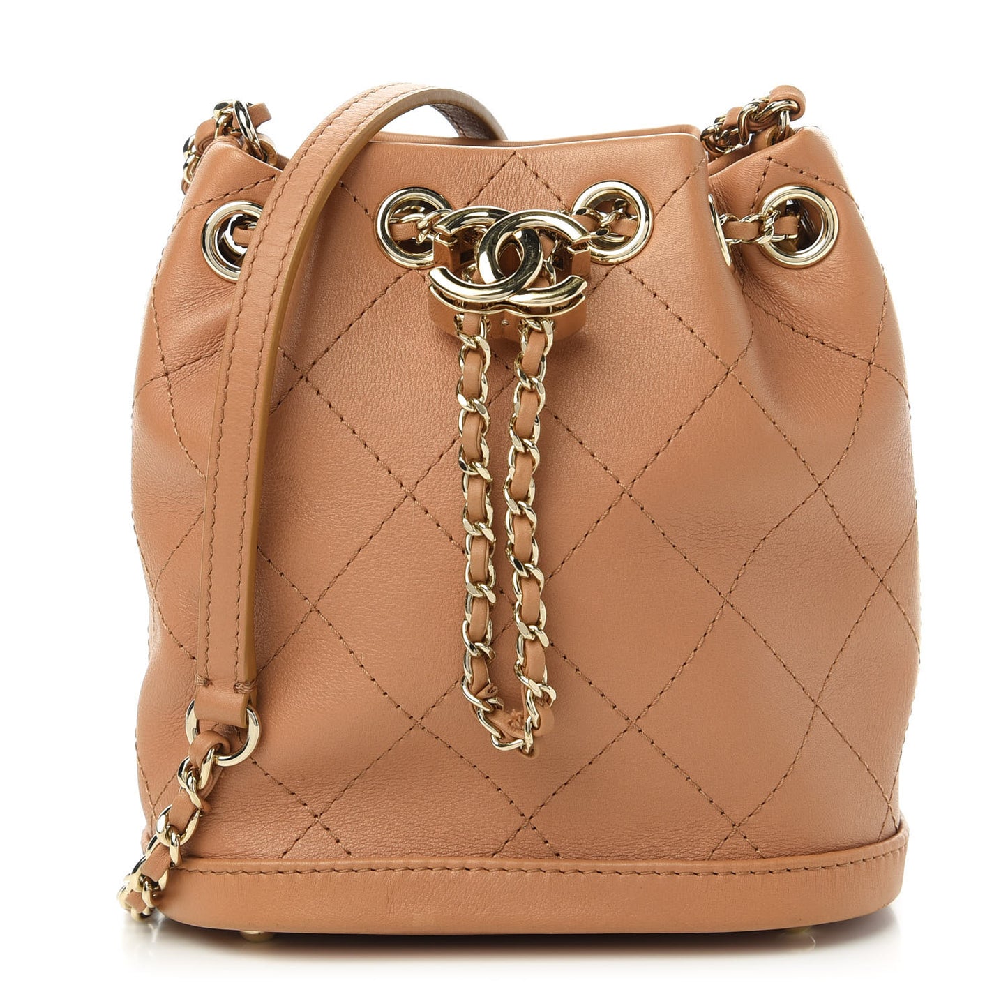 Calfskin Stitched Chain Bucket Bag Camel