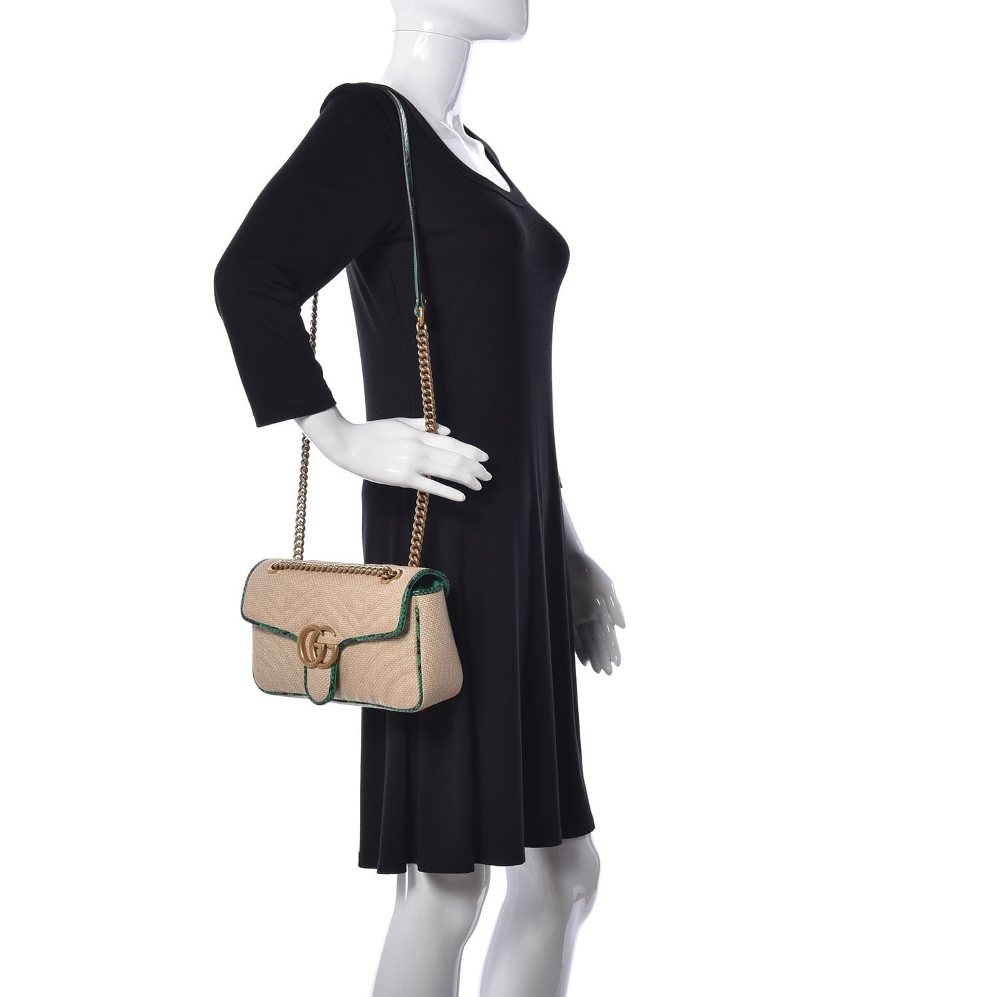 Raffia Elaphe Matelasse Small GG Marmont Shoulder Bag Natural New Shamarock