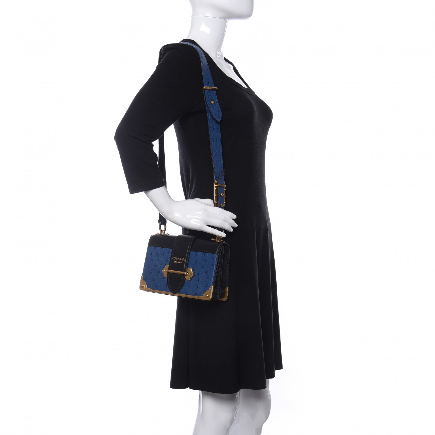 Prada City Calfskin Ostrich Cahier Bag Colbalto Black 2 of 12