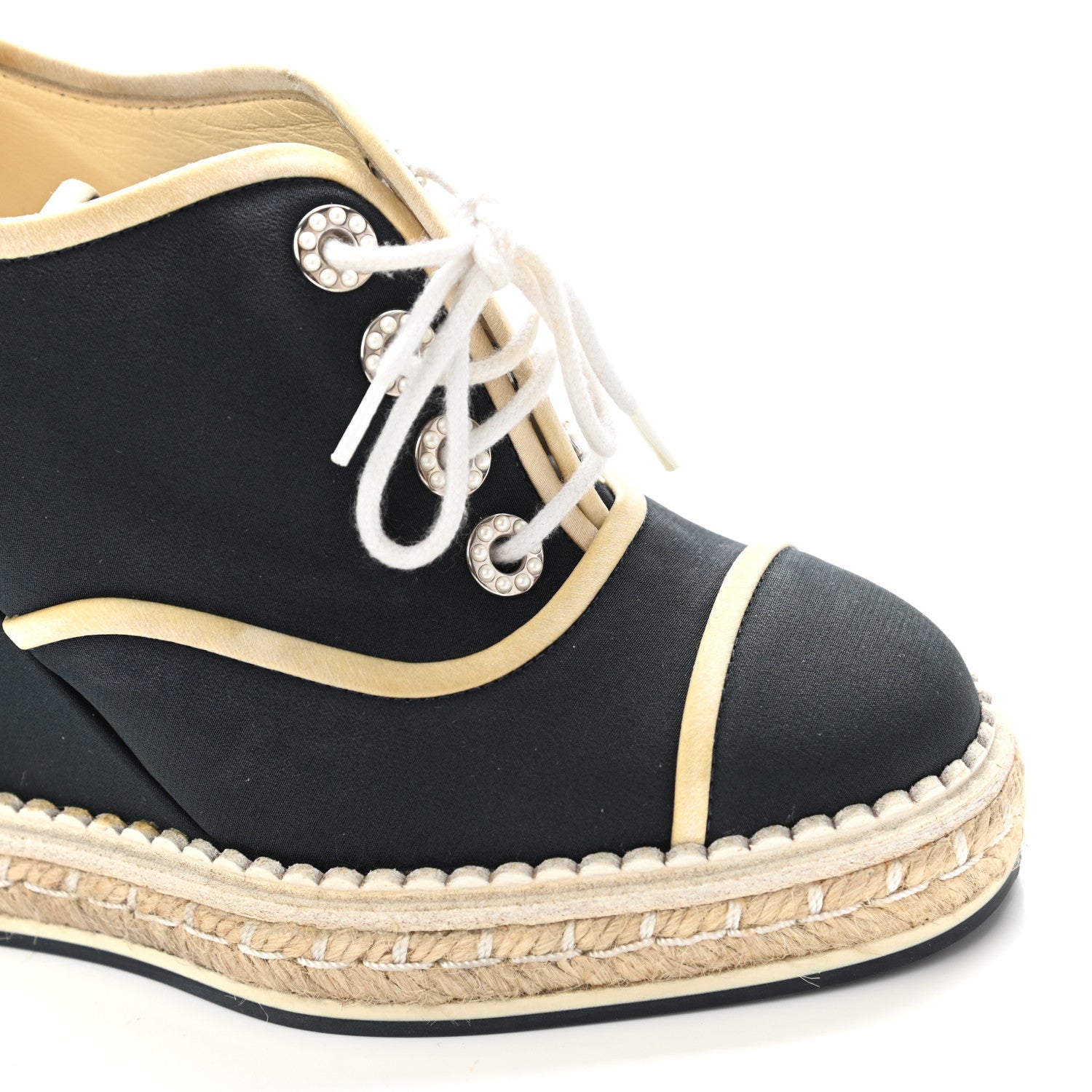 Chanel Silk Crepe Suede Calfskin Lace Up Wedge Espadrilles 35 Navy Grey 18 of 19