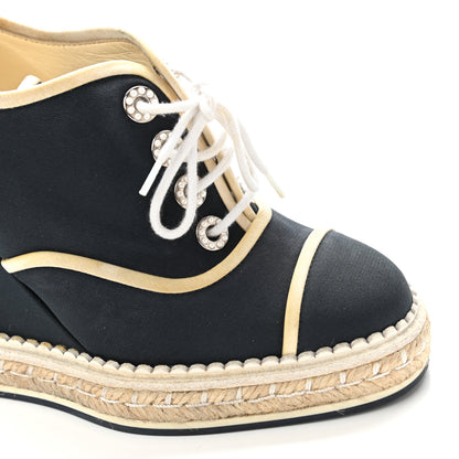Chanel Silk Crepe Suede Calfskin Lace Up Wedge Espadrilles 35 Navy Grey 18 of 19