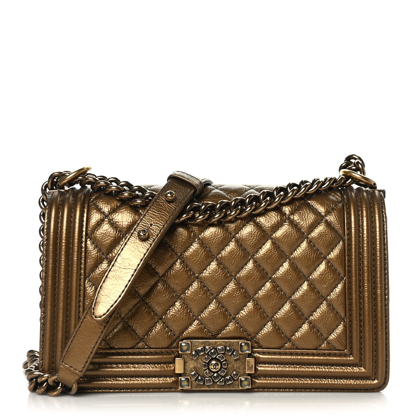 Metallic Crumpled Calfskin Quilted Medium Boy Flap Bronze