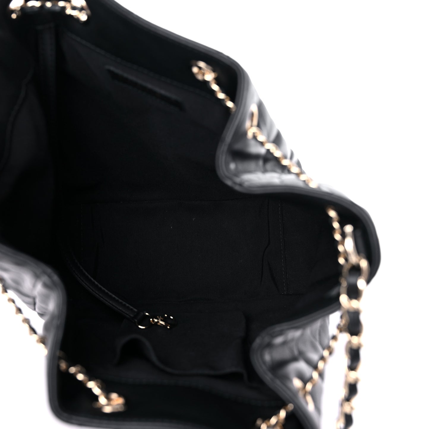 Grained Calfskin Quilted CC Chain Bucket Drawstring Bag Black