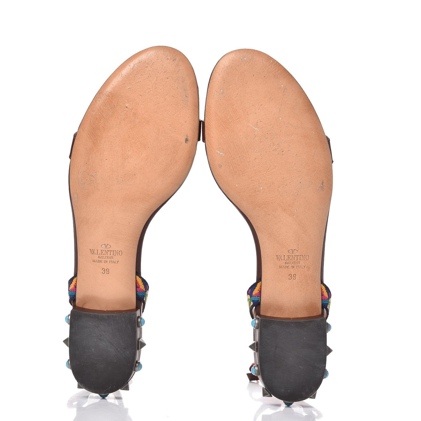 Calfskin Embroidered Rockstud Rolling Wrap Sandals 39 Light Brown