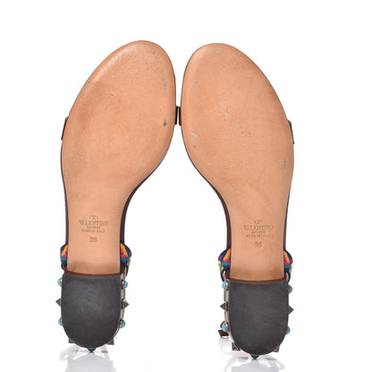 Valentino Garavani Calfskin Embroidered Rockstud Rolling Wrap Sandals 39 Light Brown 7 of 11