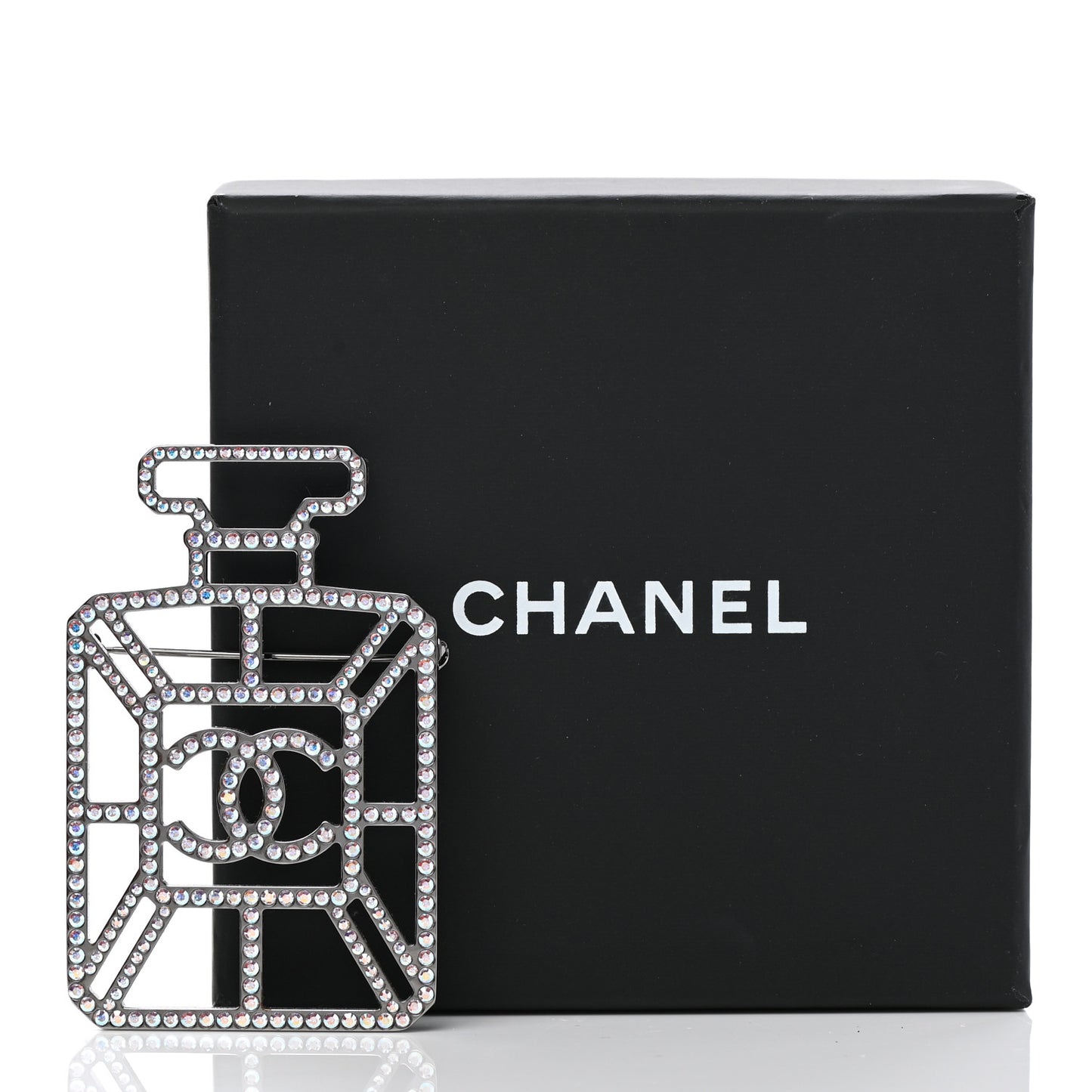 Ruthenium Crystal Perfume Bottle CC Brooch Iridescent Blue