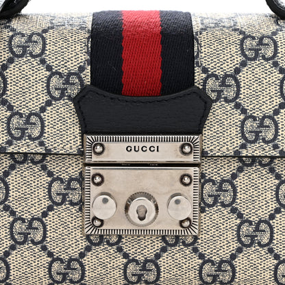 Gucci GG Supreme Monogram Textured Dollar Calfskin Web Mini Padlock Top Handle Shoulder Bag Beige Blue 8 of 11