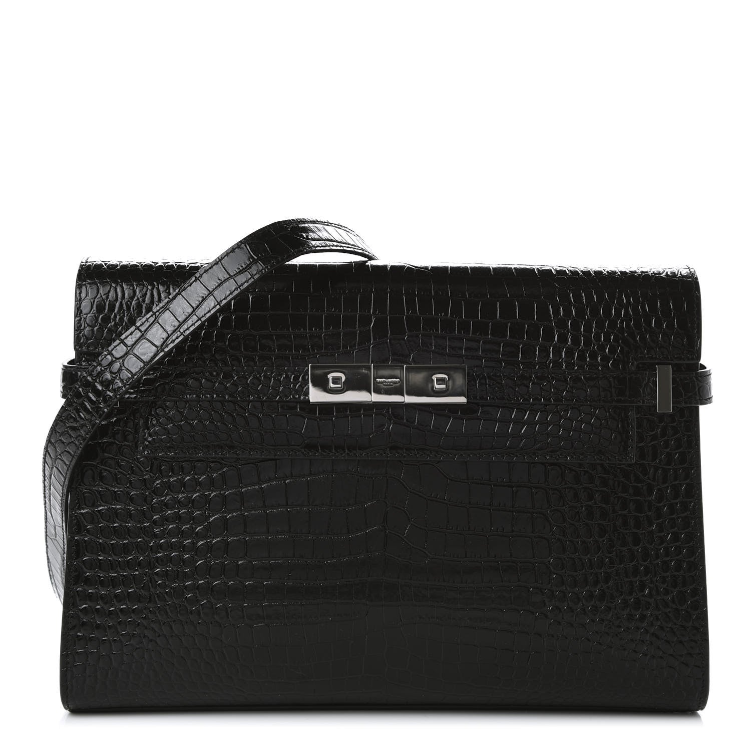 Saint Laurent Shiny Calfskin Crocodile Embossed Manhattan Baguette Black 1 of 9