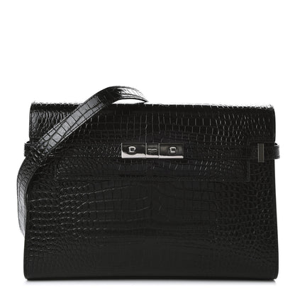 Saint Laurent Shiny Calfskin Crocodile Embossed Manhattan Baguette Black 1 of 9