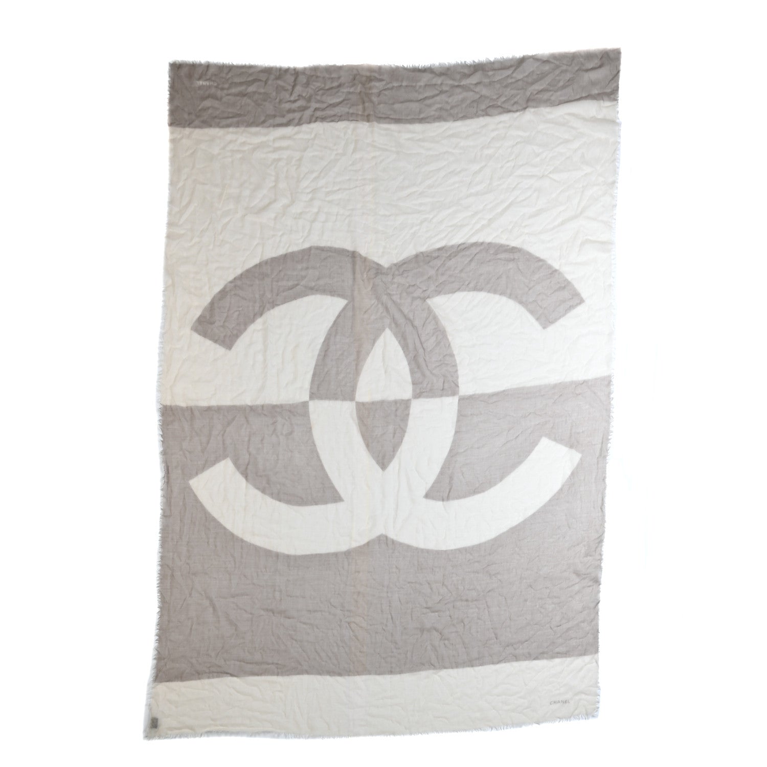 Chanel Cashmere Silk CC Fringe Scarf Beige Cream 1 of 3