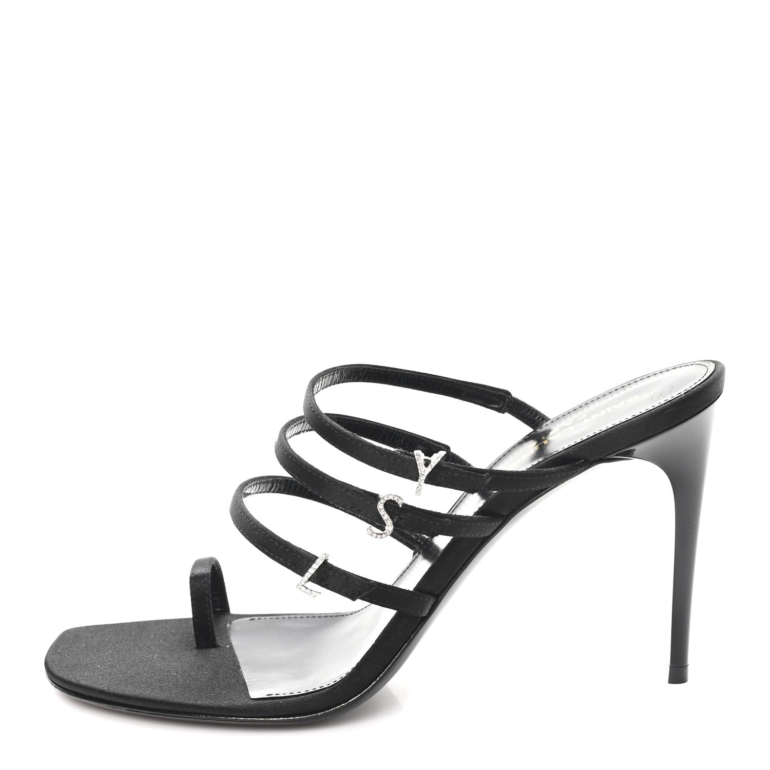 Saint Laurent Crepe Satin Crystal Logo Jerry 110 Ankle Strap Sandals 38.5 Black 1 of 8