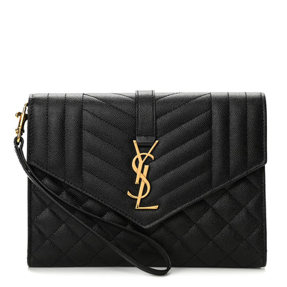 Saint Laurent Grain De Poudre Textured Mixed Matelasse Triquilt Monogram Clutch Black 1 of 7