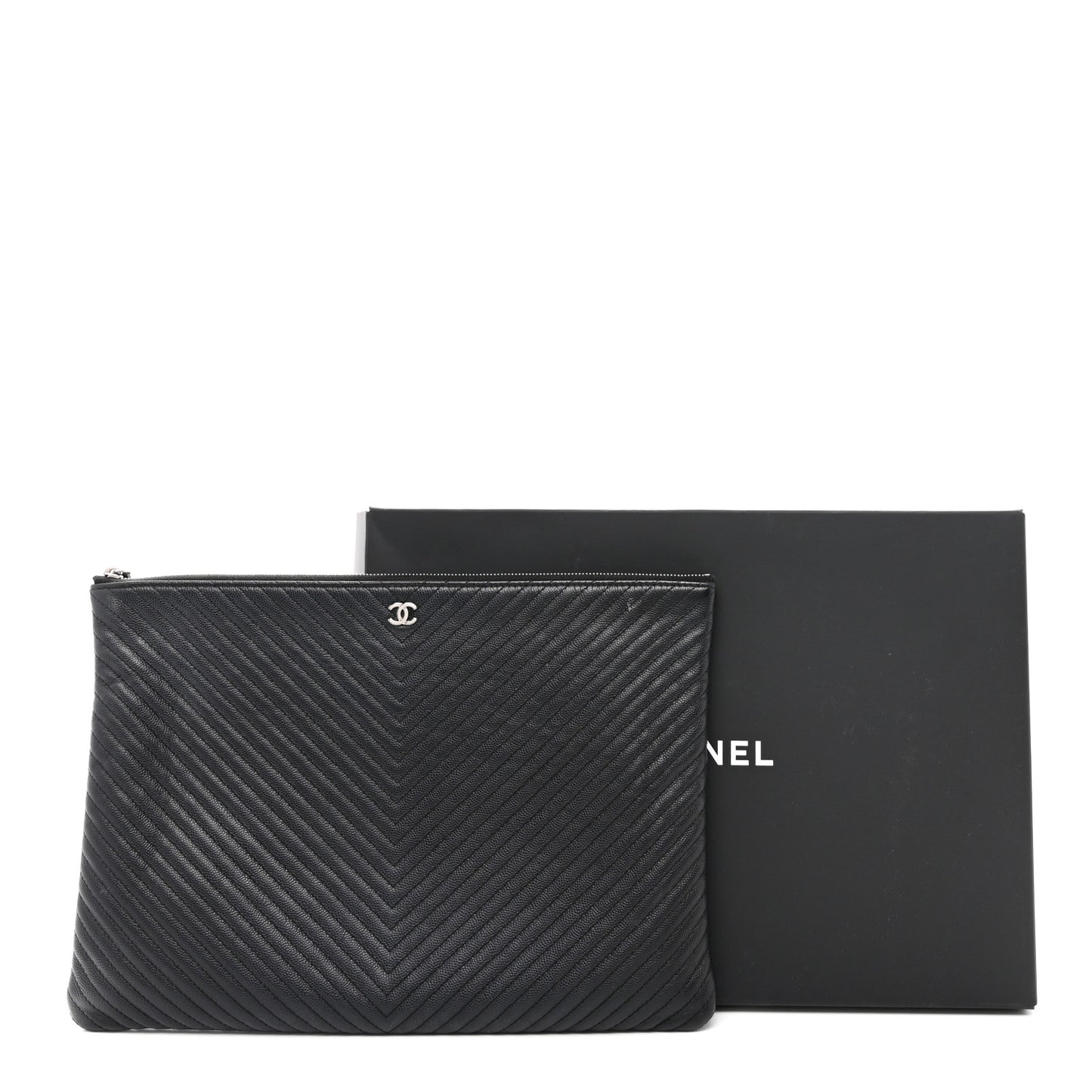Caviar Chevron Quilted Large Cosmetic Case Black