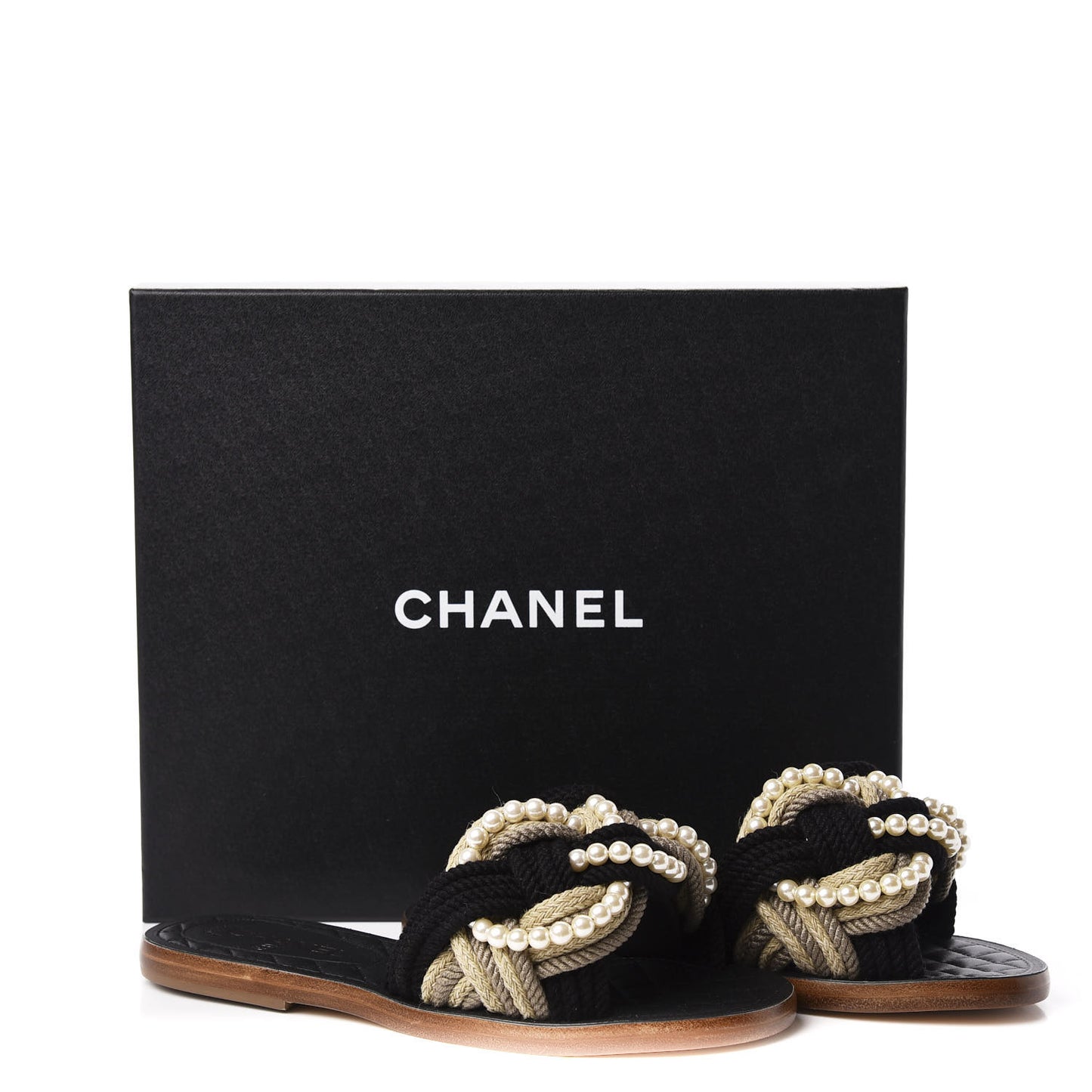 Lambskin Pearl Cord CC Mules 38 Black Beige