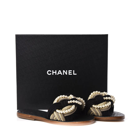 Chanel Lambskin Pearl Cord CC Mules 38 Black Beige 8 of 8