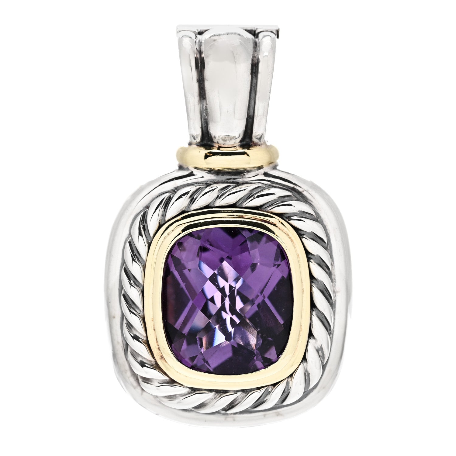 David Yurman Sterling Silver 14K Yellow Gold Amethyst 15mm Albion Enhancer Pendant 1 of 4