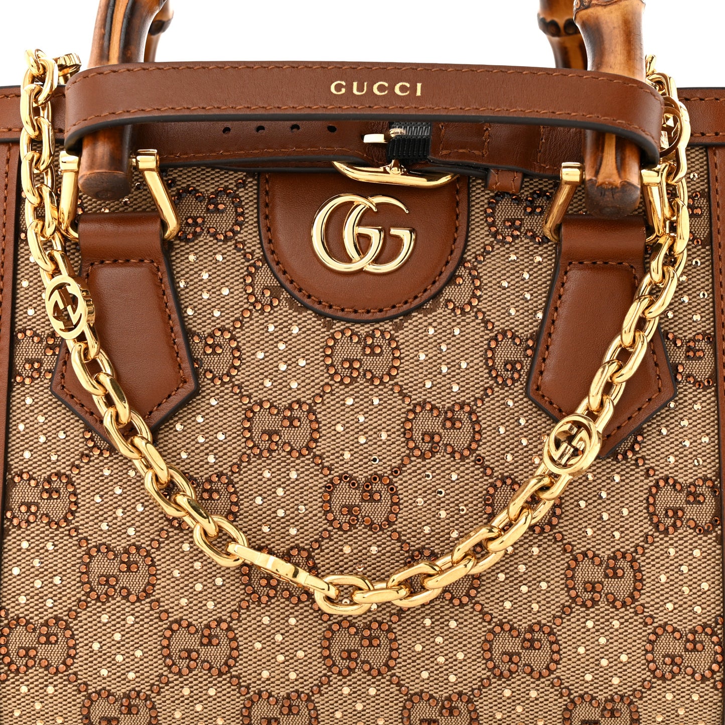 New Canvas Charisma Calfskin Crystal GG Monogram Mini Diana Tote Bag Camel Ebony