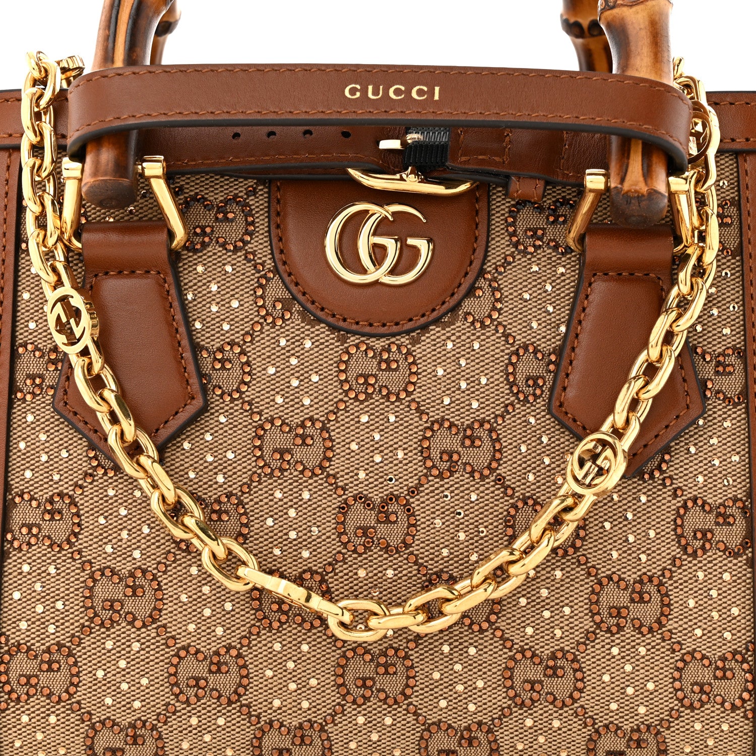 Gucci New Canvas Charisma Calfskin Crystal GG Monogram Mini Diana Tote Bag Camel Ebony 8 of 13