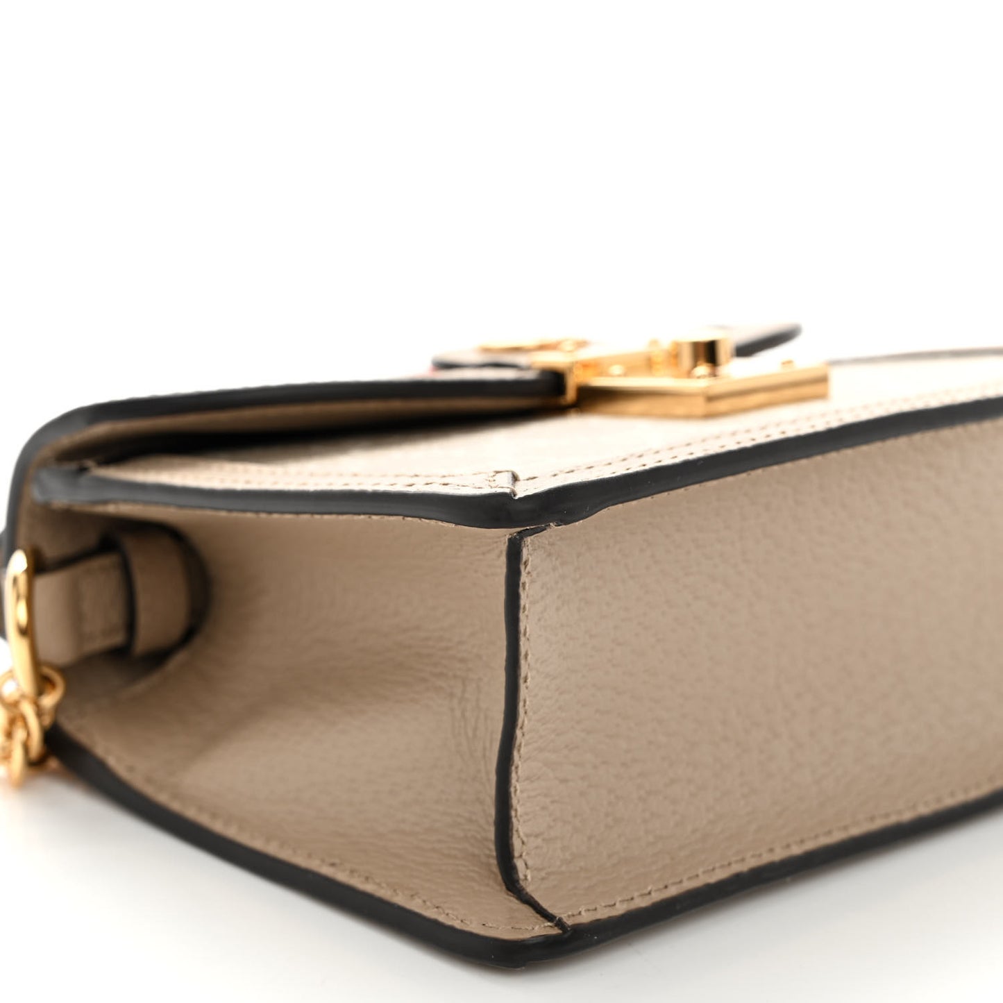 GG Supreme Monogram Textured Dollar Calfskin Web Mini Ophidia Padlock Top Handle Chain Shoulder Bag Beige Mystic White Oatmeal