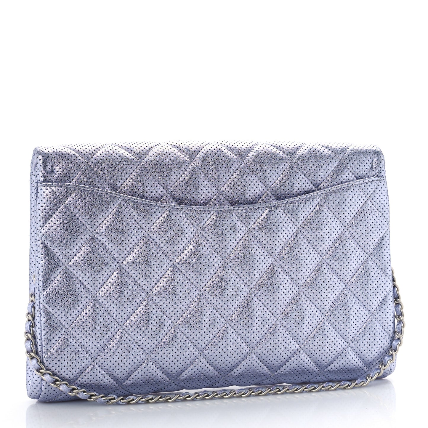 Metallic Perforated Lambskin Quilted Clutch With Chain Flap Silver