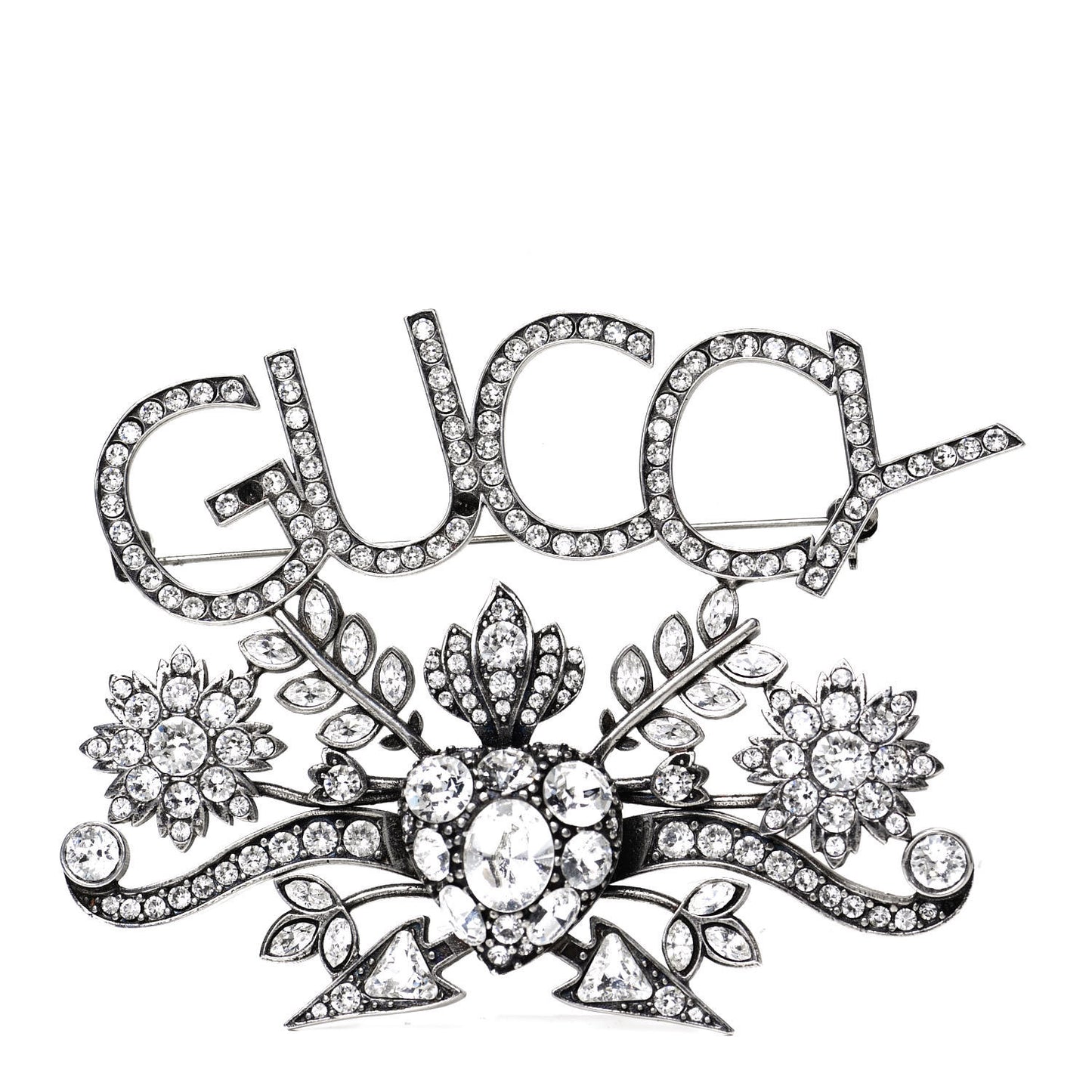 Metal Crystal Guccy Brooch Aged Silver