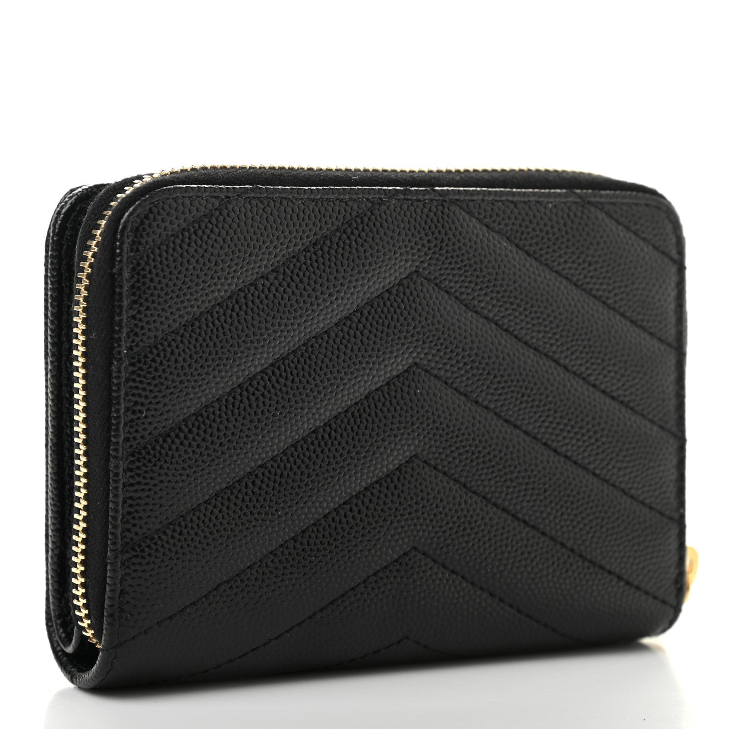 Saint Laurent Grain De Poudre Matelasse Chevron Monogram Compact Zip Around Wallet Black 3 of 8