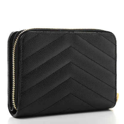 Saint Laurent Grain De Poudre Matelasse Chevron Monogram Compact Zip Around Wallet Black 3 of 8