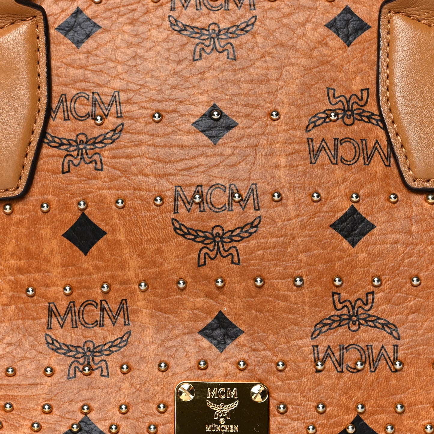 Visetos Studded Boston Satchel Cognac